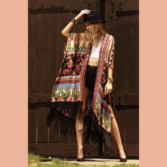 Boho Floral Damask Dainty Fringe Kimono Cape Duster - Picture 4 of 9